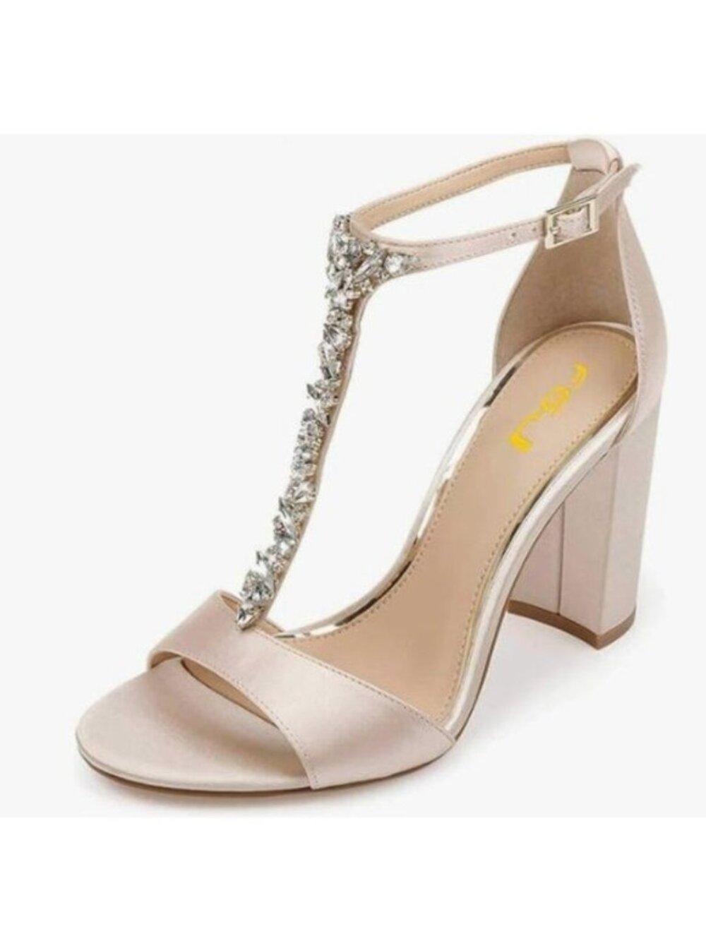 FSJ Champagne Wedding T Strap Open Toe Sandal Crystal Chunky High Heel Shoes